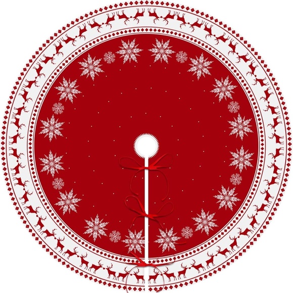 Christmas Tree Skirt 48 inch Tree Skirt Large Snowflake Reindeer Red Tree Skirt - Picture 1 of 11
